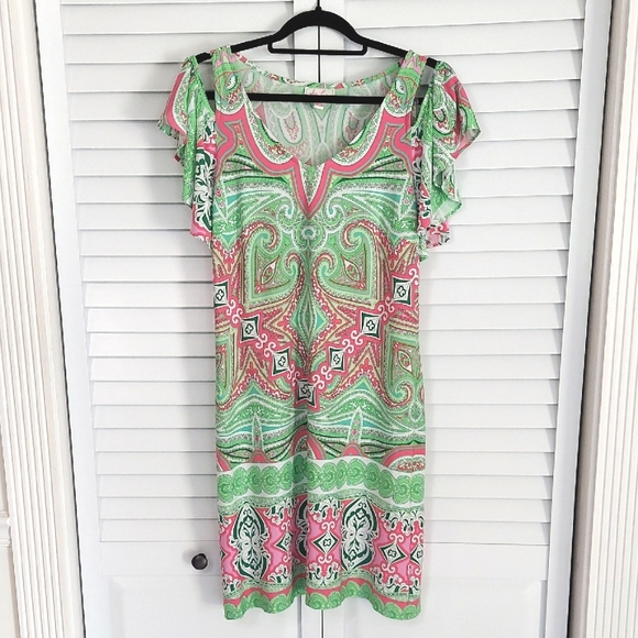 Ivy Lane Dress, Size M, Pink Green Paisley Pattern, Cold Shoulder Flutter Sleeve - Picture 1 of 8